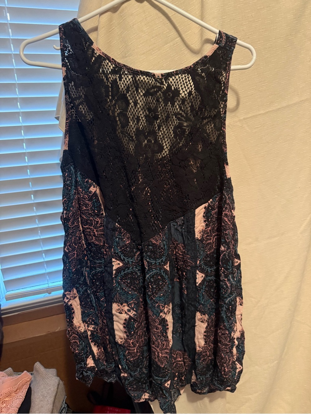 Free People Black Lace Paneled Paisley Tank with Pink and Teal Accents